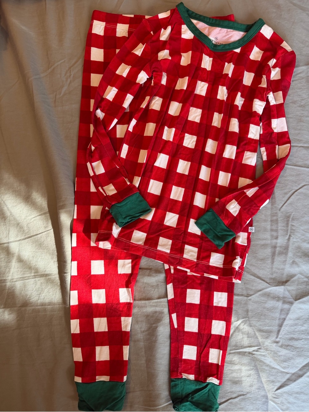 Caden Lane Red and White Gingham Kids Pajama Set with Green Trim